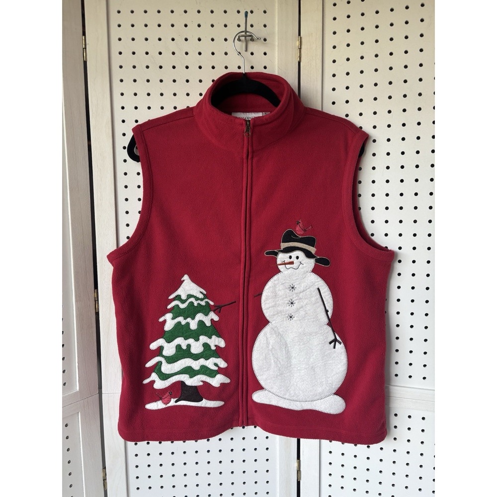 Rebecca Malone Women's LG Red Christmas Tree Snowman Holiday Fleece Zip Up